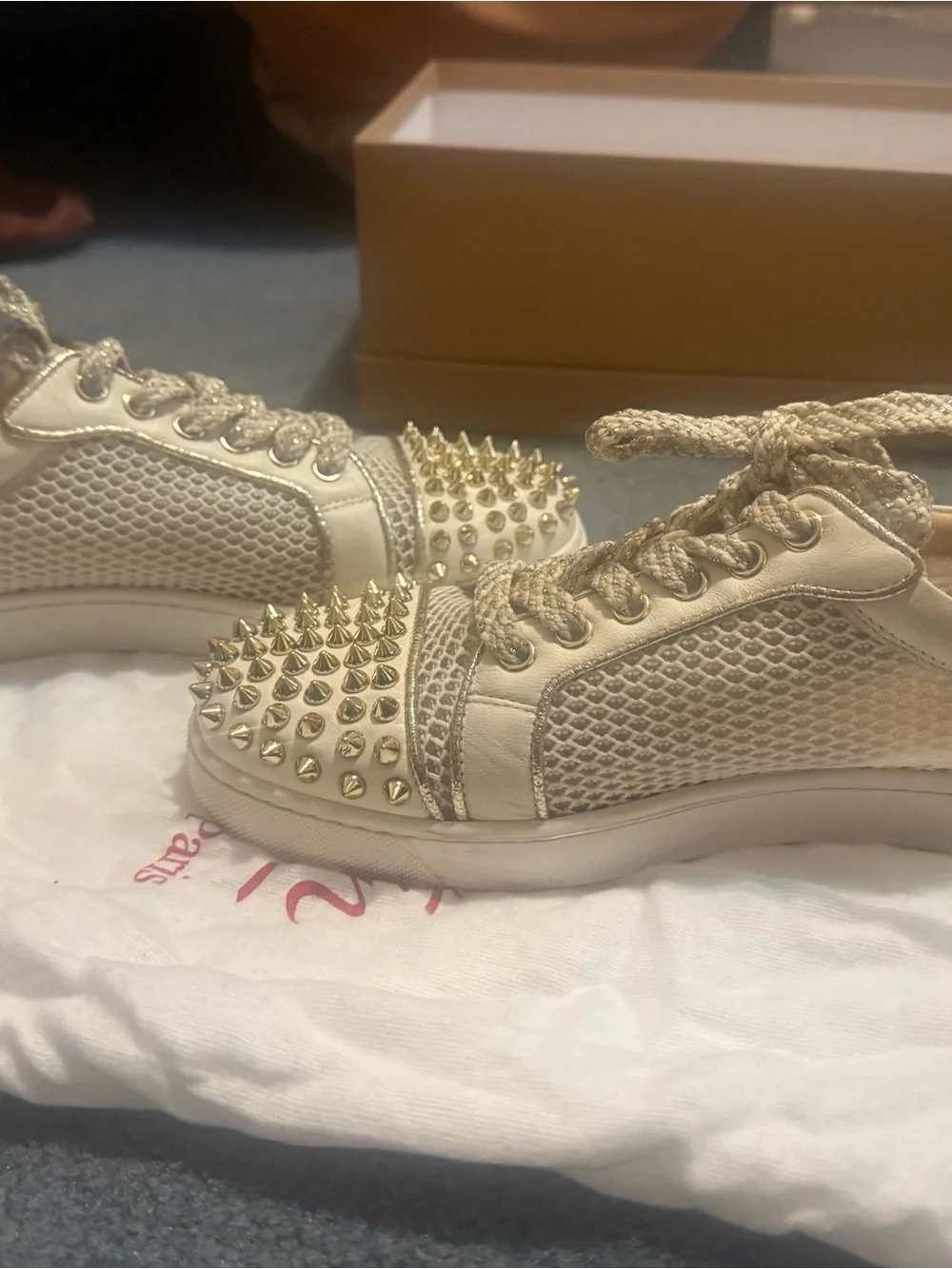 Christian Louboutin Gold Studded Ivory Leather & Mesh Women's Sneakers